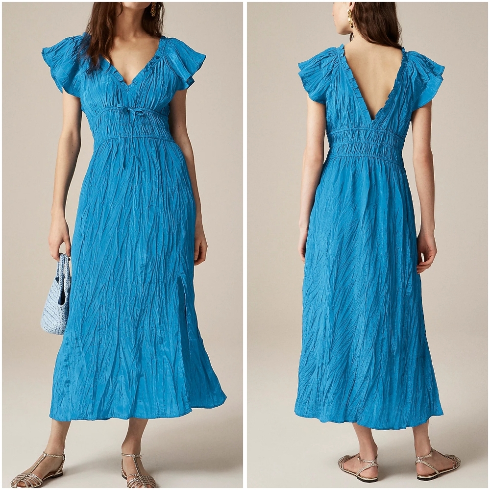 J.Crew Palermo Viscose Blend Crinkle Midi Dress Nordic Sea Blue XS NWT New